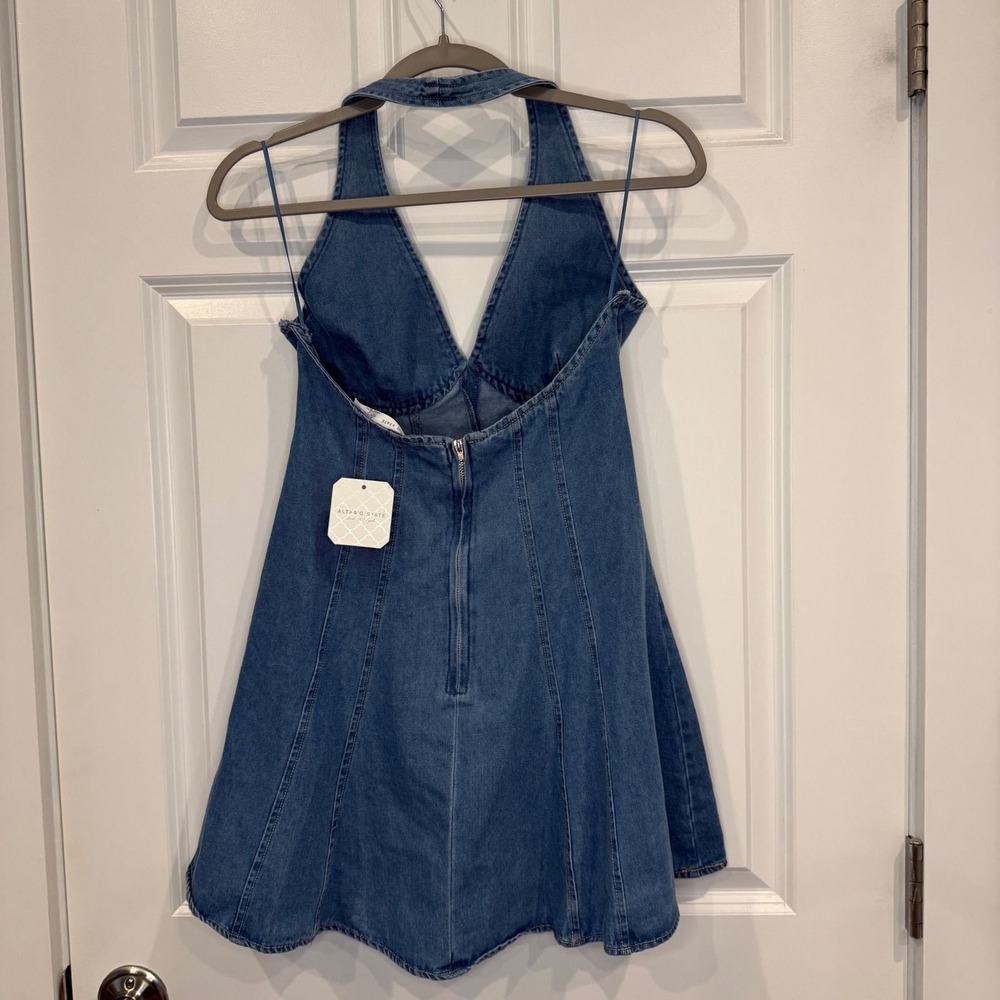 Altar'd State Light Wash Denim Halter Mini Dress Size Small - Picture 5 of 7